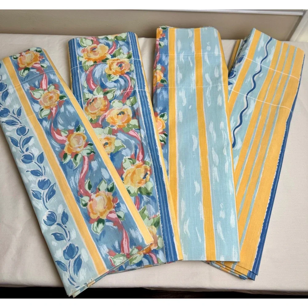 Croscill Vintage Fiesta Floral‎ Stripe Valance Set 4 Blue Yellow French Country